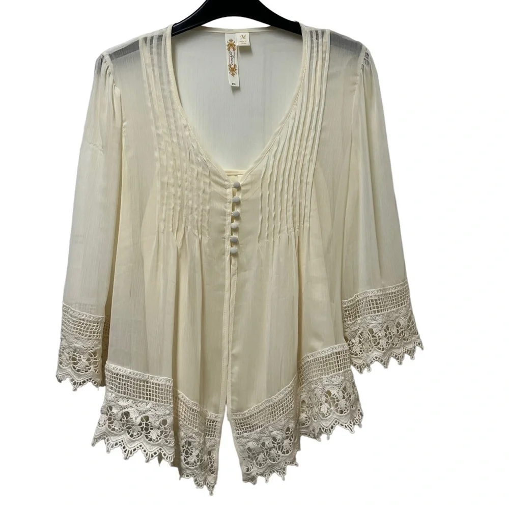 Adiva Sheer Cream Lace Blouse with Camisole Size Large - Picture 1 of 6